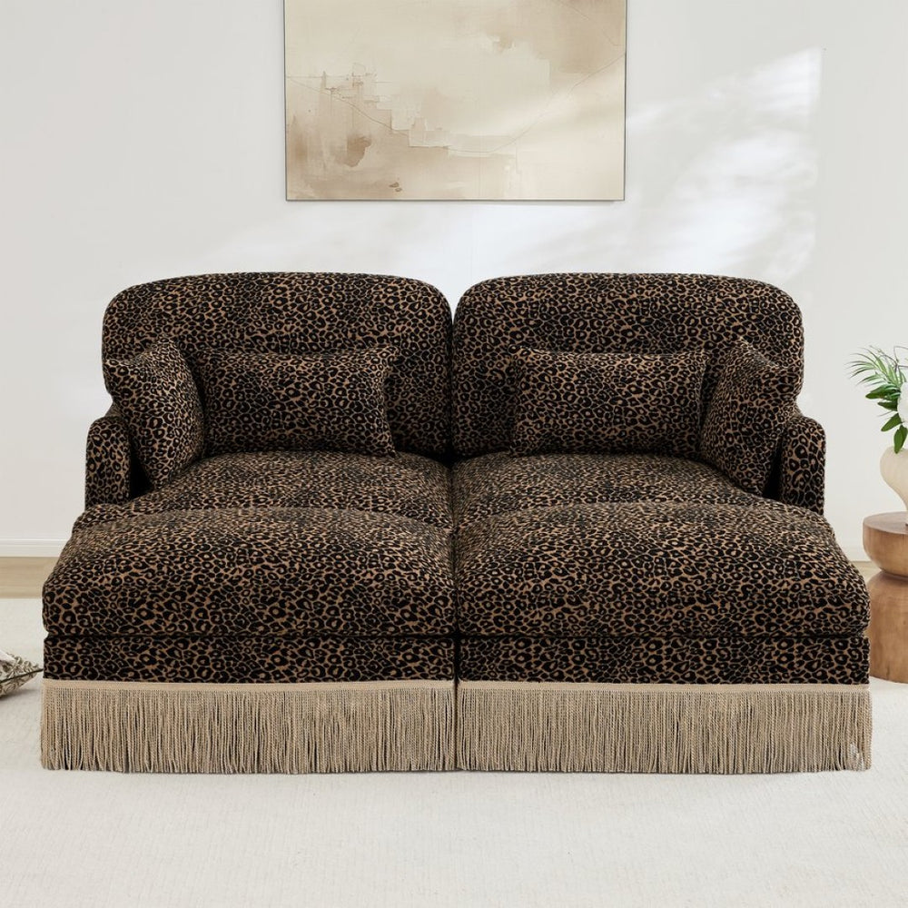 English Elm Comfy Chenille Leopard Print Loveseat with Tassel Trim and Movable Ottoman Modules Brown W5656S00012