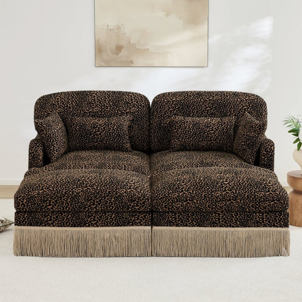 English Elm Comfy Chenille Leopard Print Loveseat with Tassel Trim and Movable Ottoman Modules Brown W5656S00012