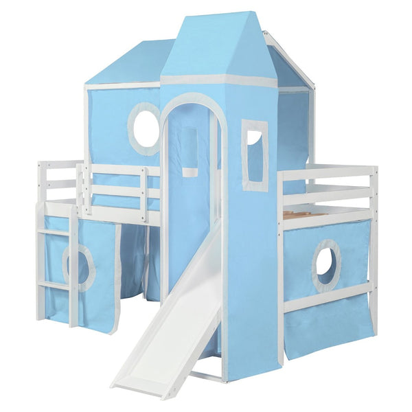 English Elm Twin Castle Loft Bed with Slide Tent and Tower Pinewood Playhouse Frame for Kids N708P249475C