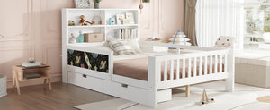 English Elm Full Solid Wood Platform Bed with Chalkboard Headboard, Storage Drawers & Shelves, Kid-Friendly White Off White W1580P362707