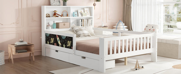 English Elm Full Solid Wood Platform Bed with Chalkboard Headboard, Storage Drawers & Shelves, Kid-Friendly White Off White W1580P362707