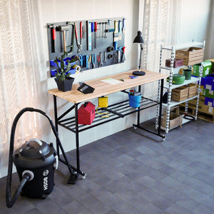 English Elm SmartFold Heavy-Duty Butcher-Block Workbench 2000LB Capacity Wood Top Portable Table w/ Locking Casters, Adjustable Height & Quick-Collapse Steel Frame W1422P325006