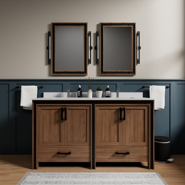 English Elm Rustic Barnwood Double Bath Vanity With White Quartz Top, Chrome Faucet & Ample Storage Space 60”W B2731P260626-GIGA