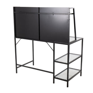English Elm Geo Geo Tier Contemporary Desk with Glass Top and Metal Frame, Multi-Shelf Office Storage Solution Black B202P223964