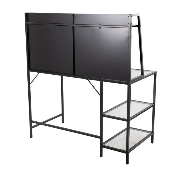 English Elm Geo Geo Tier Contemporary Desk with Glass Top and Metal Frame, Multi-Shelf Office Storage Solution Black B202P223964