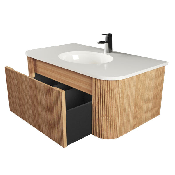 English Elm Arcora Floating Wall Vanity with Marble Ceramic Sink Slatted Wood Spa Design W3235S00007