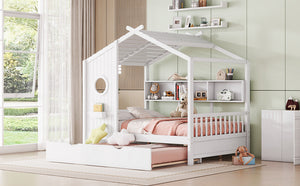 English Elm Wooden Full Size House Bed with Trundle and Built-In Shelves — Modern Pine Frame, Whimsical Roof Design White 57.2 L x 16.25 W x 5.9 H N733S316125K
