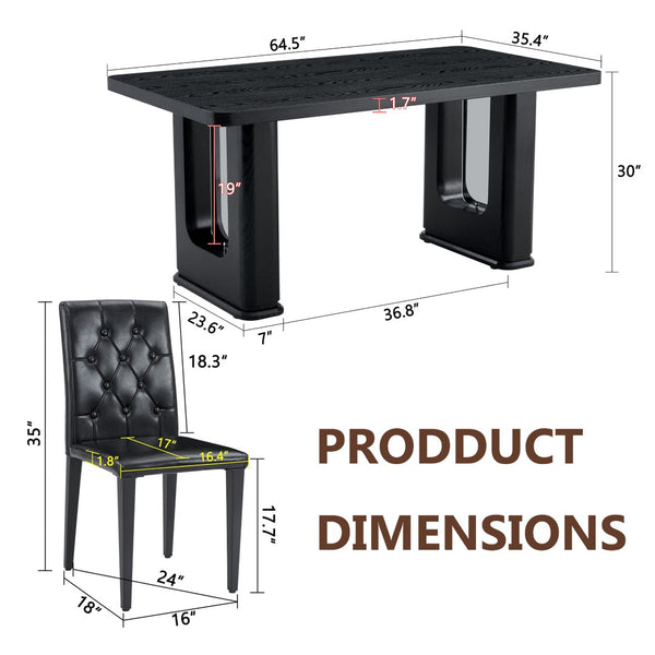 English Elm Table And Chair Set - Modern Black Wood Dining Table With Ergonomic Pu Leather Chairs For Comfort W1151S04311-GIGA