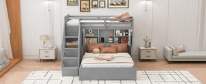 English Elm Twin Over Full Bunk Bed with Wardrobe Storage Stairs Shelves and Usb Charging Gray LT000292AAE