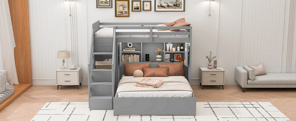 English Elm Twin Over Full Bunk Bed with Wardrobe Storage Stairs Shelves and Usb Charging Gray LT000292AAE