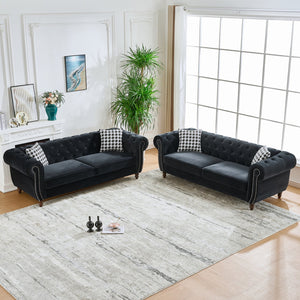English Elm 3+3 Seater Chesterfield Sofa In Luxurious Black Velvet – Classic Charm For Living Room & Office Spaces W3373S00015