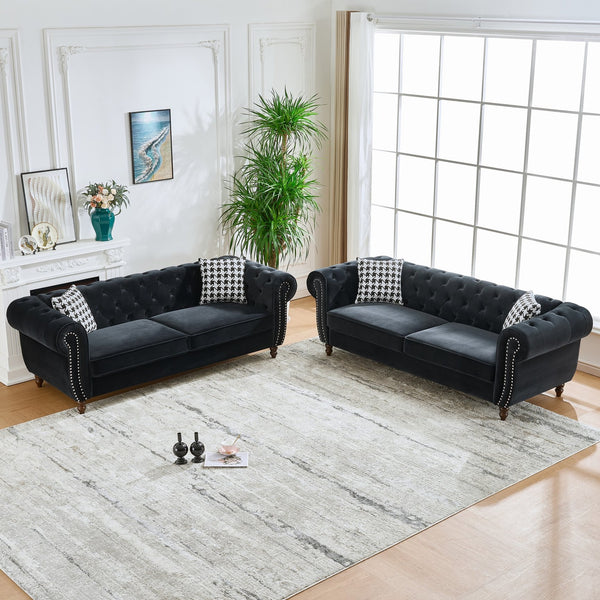 English Elm 3+3 Seater Chesterfield Sofa In Luxurious Black Velvet – Classic Charm For Living Room & Office Spaces W3373S00015