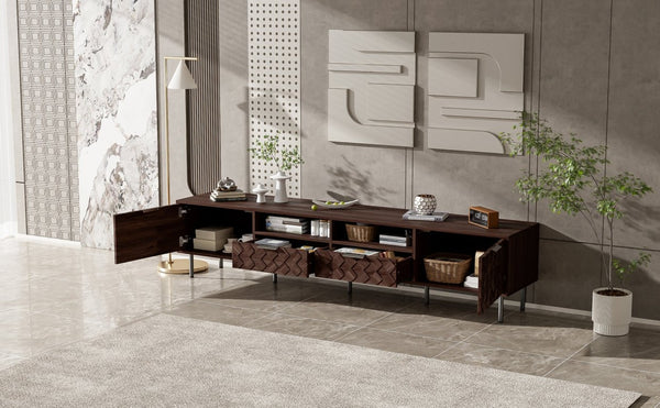English Elm 78 Inch Walnut Media Console with Slatted Doors Iron Legs and Cable Management N710P373605Q
