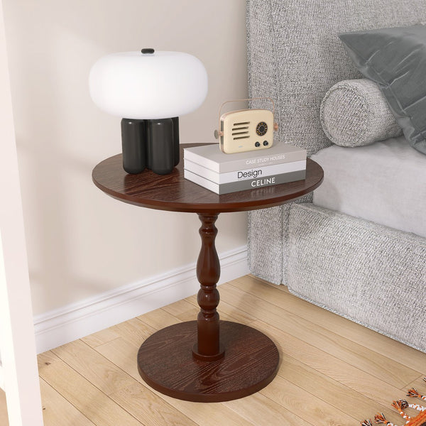 English Elm 23'' Walnut Brown Accent Round Table — Modern Small Drink & Nightstand, Solid Wood Legs, Space-Saving Design W2295P339098