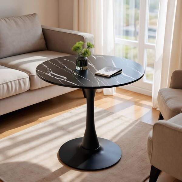 English Elm (Black Marble Color) Modern Round Dining Table – 24" MDF Top with Steel Tulip Base, Sturdy Minimalist Design W2641P362140
