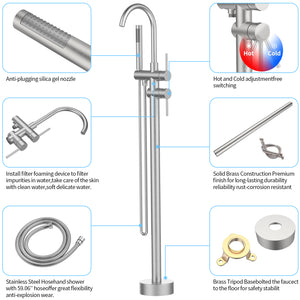 English Elm Floor Mount freestanding bathtub faucet with matte black finish, high-flow single-handle tub filler with handheld shower and 360° swivel spout, durable stainless steel and brass construction Brushed Nickel T3177P277533