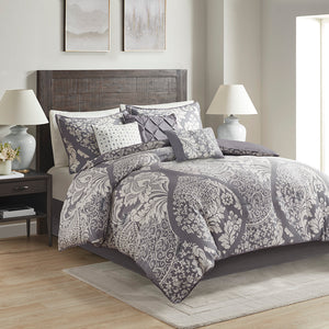 JLA Home Madison Park - 7 Madison Park Vienna Cotton Sateen Comforter Set – OEKO‑TEX Damask Embroidery, Flange Border, Layered Texture 92 L x 104 W x 1.5H MP10-502