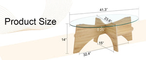 English Elm Oval Tempered Glass Coffee Table with Wood Grain Legs and Built-in Fan Tray Shelf W1151P256007