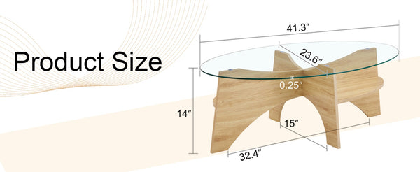 English Elm Oval Tempered Glass Coffee Table with Wood Grain Legs and Built-in Fan Tray Shelf W1151P256007