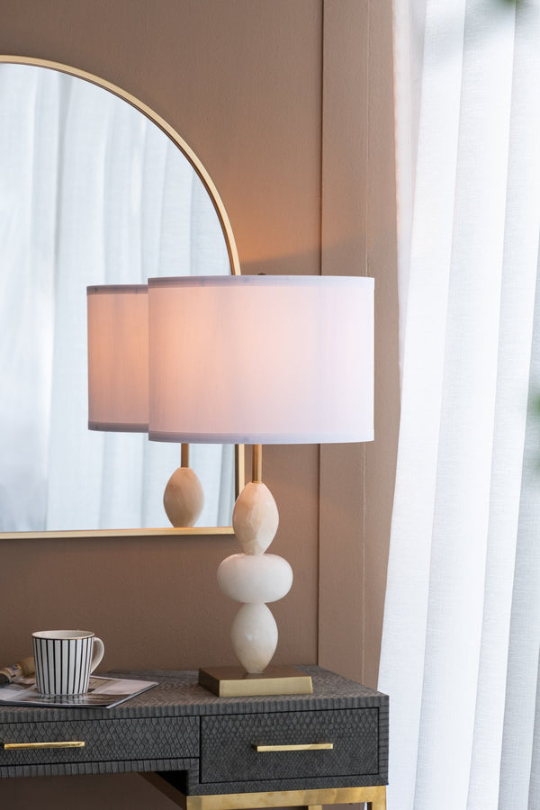 English Elm D14x26.3" White and Gold Three-Tier Round Table Lamp with Alabaster Accents and Drum Shade, 26.3" W2078P395820