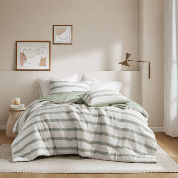 English Elm 3-piece Yarn-dyed Striped Comforter Set Full Queen Seersucker Weave Coastal Bedding B035P463222