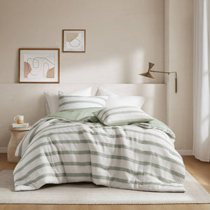 English Elm 3-piece King Yarn-dyed Woven Stripe Comforter Set with Seersucker Texture for Coastal Bedrooms Sage Green B035P463223