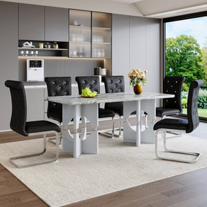 English Elm Modern White Faux Marble 7 Piece Dining Set Tufted Pvc Chairs for Kitchen Black,Grey W3875S00060