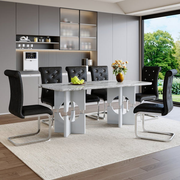 English Elm Modern White Faux Marble 7 Piece Dining Set Tufted Pvc Chairs for Kitchen Black,Grey W3875S00060