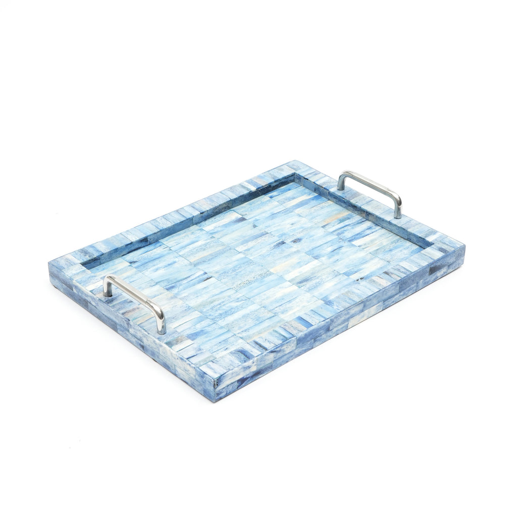 English Elm Khal Handcrafted Mango Wood Serving Tray in Blue with Bone Inlay, 18"x12" Spacious Rustic Accent B346P327295