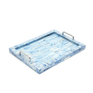 English Elm Khal Handcrafted Mango Wood Serving Tray in Blue with Bone Inlay, 18"x12" Spacious Rustic Accent B346P327295