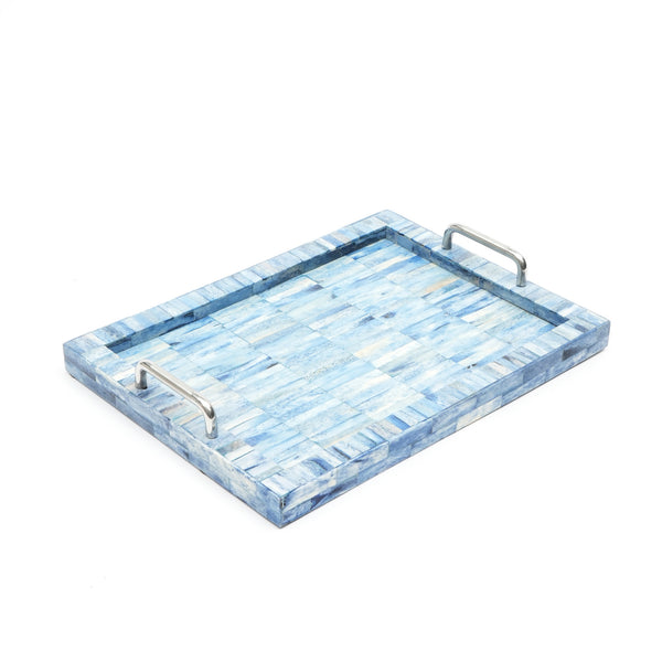 English Elm Khal Handcrafted Mango Wood Serving Tray in Blue with Bone Inlay, 18"x12" Spacious Rustic Accent B346P327295