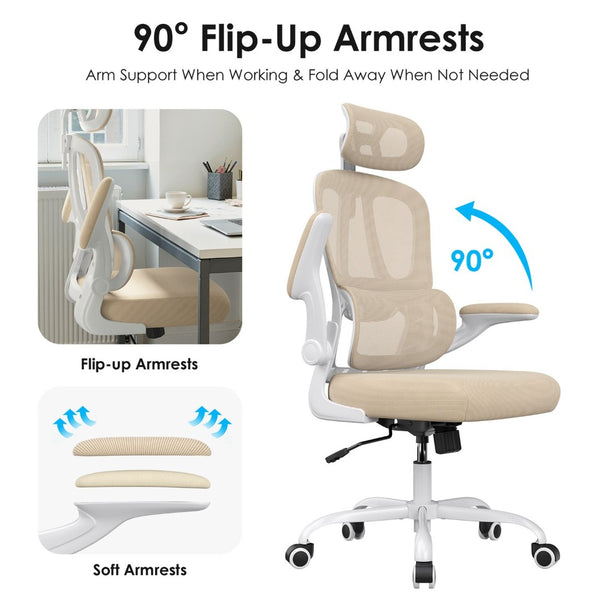 English Elm Ergonomic Mesh High Back Desk Chair with Lumbar Support Flip up Arms and Headrest Khaki,White T3623P434272