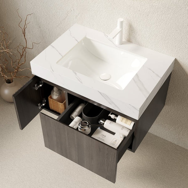 English Elm Muri Floating Bathroom Vanity Plywood Cabinet Sintered Stone Top Espresso Woodgrain W2615S00457