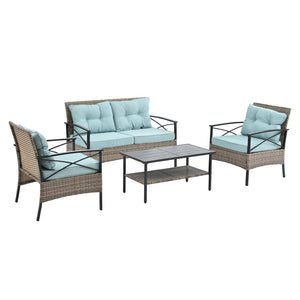 English Elm Patio Four-Piece Wicker Furniture Set - Stylish Outdoor Seating With Plush Cushions & Metal Table W1703S00031-GIGA