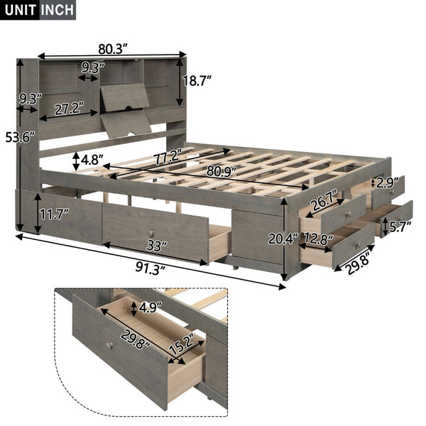 English Elm King Platform Bed with 8 Drawers Open Headboard Compartments and Pine Wood Frame Gray GX000454AAE-1