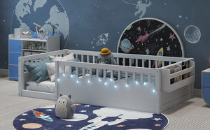 English Elm Twin Montessori Floor Bed Frame with High Rails and Built-In Light Shelf for Safe Independent Sleep White 79.13 L x 13 W x 6.3 H W2593P333565
