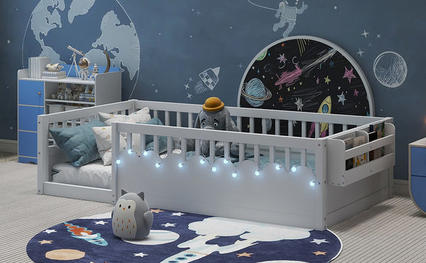 English Elm Twin Montessori Floor Bed Frame with High Rails and Built-In Light Shelf for Safe Independent Sleep White 79.13 L x 13 W x 6.3 H W2593P333565