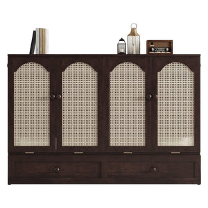 English Elm Queen Size Murphy Bed – Elegant Pine Wood Cabinet With Power Station & Rattan Accents, Espresso Finish W504S00235-GIGA