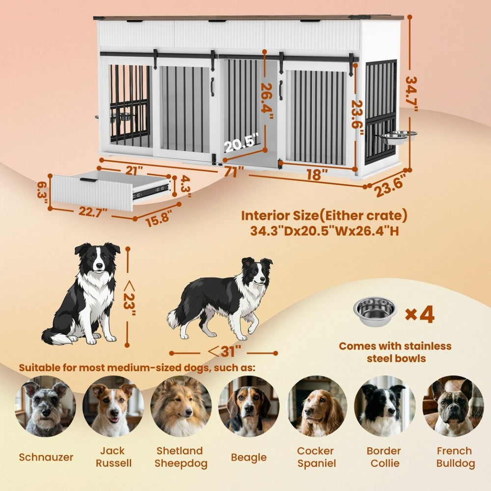 English Elm 71'' Walnut Woodgrain Dog Kennel Cabinet with Fluted Drawers and Built-in Power Station W5216S00001