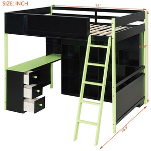 English Elm Full Size Gaming Loft Bed with Led Lighting Desk Drawers and Display Shelving Green LT000263AAF