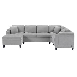 English Elm Modern U-shaped Sectional Sofa 115.7" Corner Couch with Chaise, Chenille Tufted Cushions, USB Ports and Storage LIGHT GREY N719S002150R