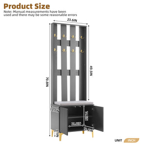 English Elm ON-TREND Modern Luxury Hall Tree with Cushioned Bench, Fluted Doors, 8 Gold Hooks & Adjustable Shelf Grey N721P192814E