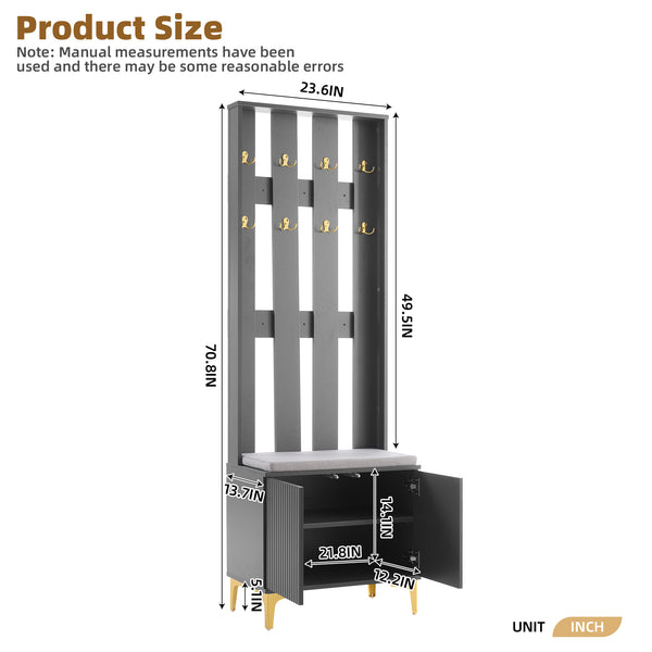 English Elm ON-TREND Modern Luxury Hall Tree with Cushioned Bench, Fluted Doors, 8 Gold Hooks & Adjustable Shelf Grey N721P192814E