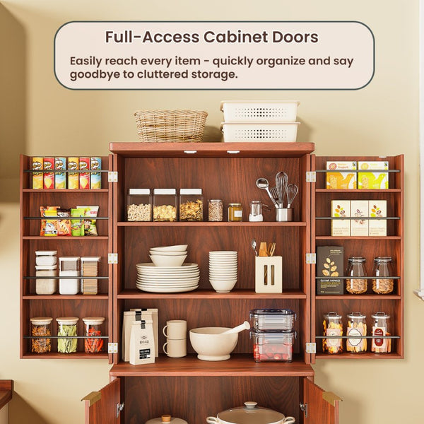 English Elm 72" Fluted Pantry Cabinet Tall Freestanding Kitchen Organizer with Sculpted Wood Doors Walnut W1820P379273
