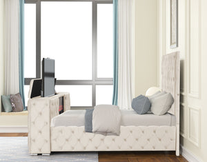 English Elm Encore Modern Tufted King Bed In Beige - Elegant Upholstered Design With Hidden Tv Storage Compartment B009S01649