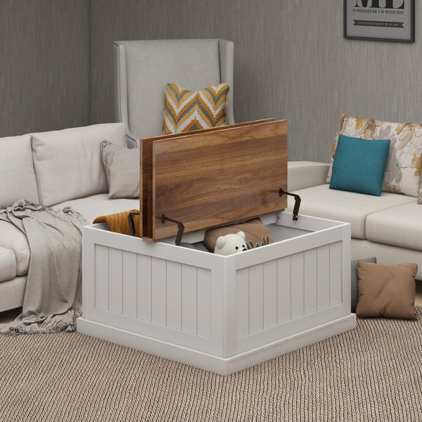 English Elm 31.5" Farmhouse Coffee Table with Hinged Lift Top, Rustic Square Wood Center Table w/Hidden Storage White W282P160415