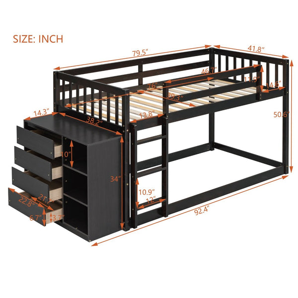 English Elm Twin Over Bunk Bed with Four Storage Drawers Open Shelving Kids Bedroom Espresso LT000167AAP-1