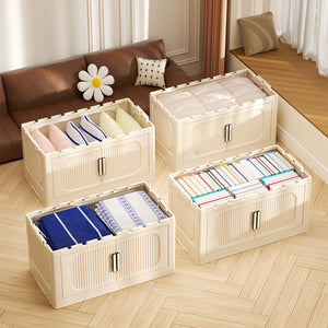 English Elm Cream White 5-Tier Folding Storage Cabinet With Magnetic Door & Wheels – Versatile Space-Saving Solution W2873P239386