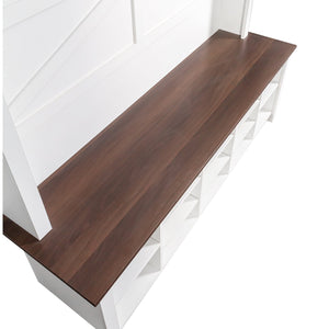English Elm ON-TREND Farmhouse 4-in-1 Hall Tree with 6 Hooks, Walnut Bench, 16 Compartments, Rustic Entryway Organizer White N721P264915K