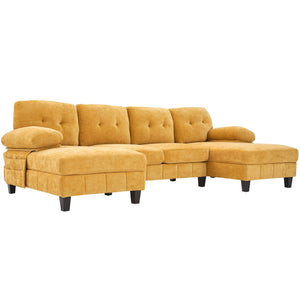 English Elm U-shaped Chenille Sectional Sofa with Dual Chaise Lounges, Tufted Back, Storage Pockets & Pillows Yellow N719S002040L